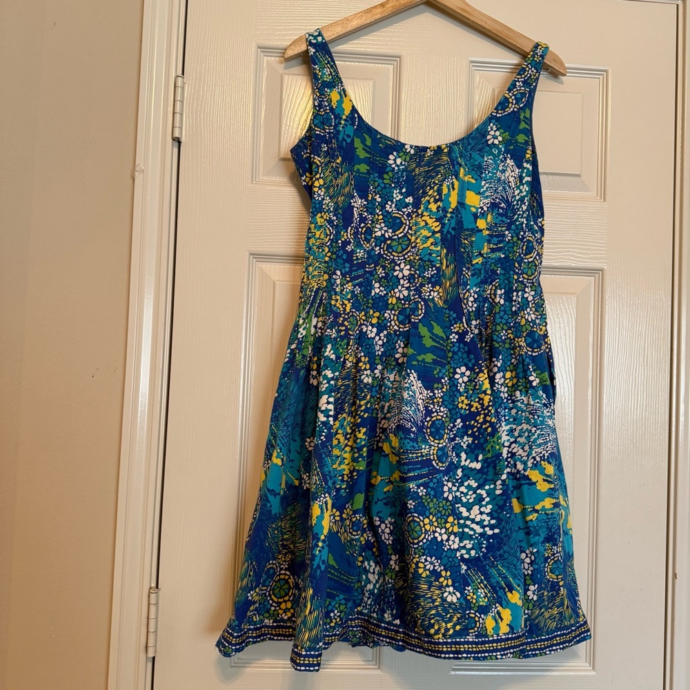 Jones NY Women's Dress Blue Florals Fit & Flare Sleeveless Mini Size 6 Pockets